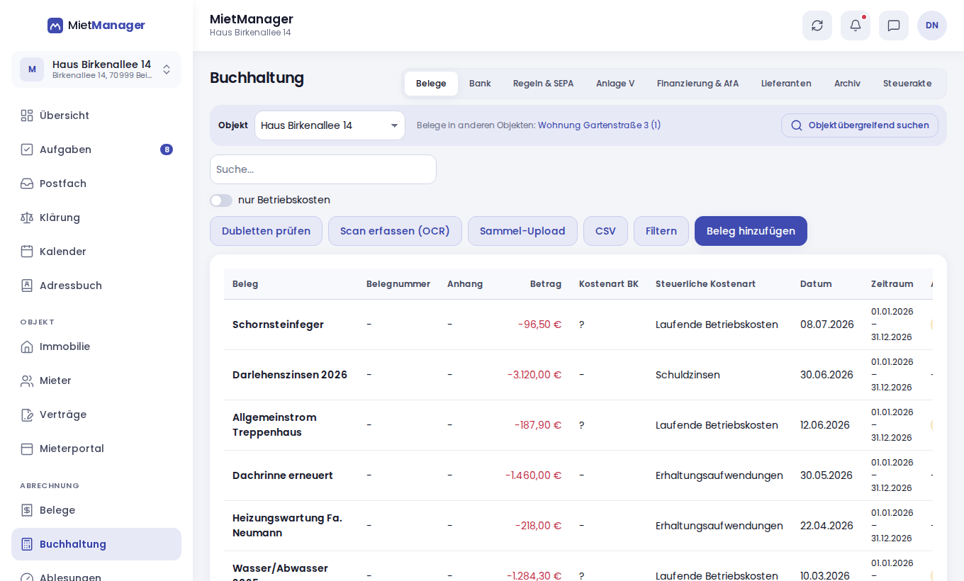 MietManager, Ansicht Buchhaltung (Beispieldaten)