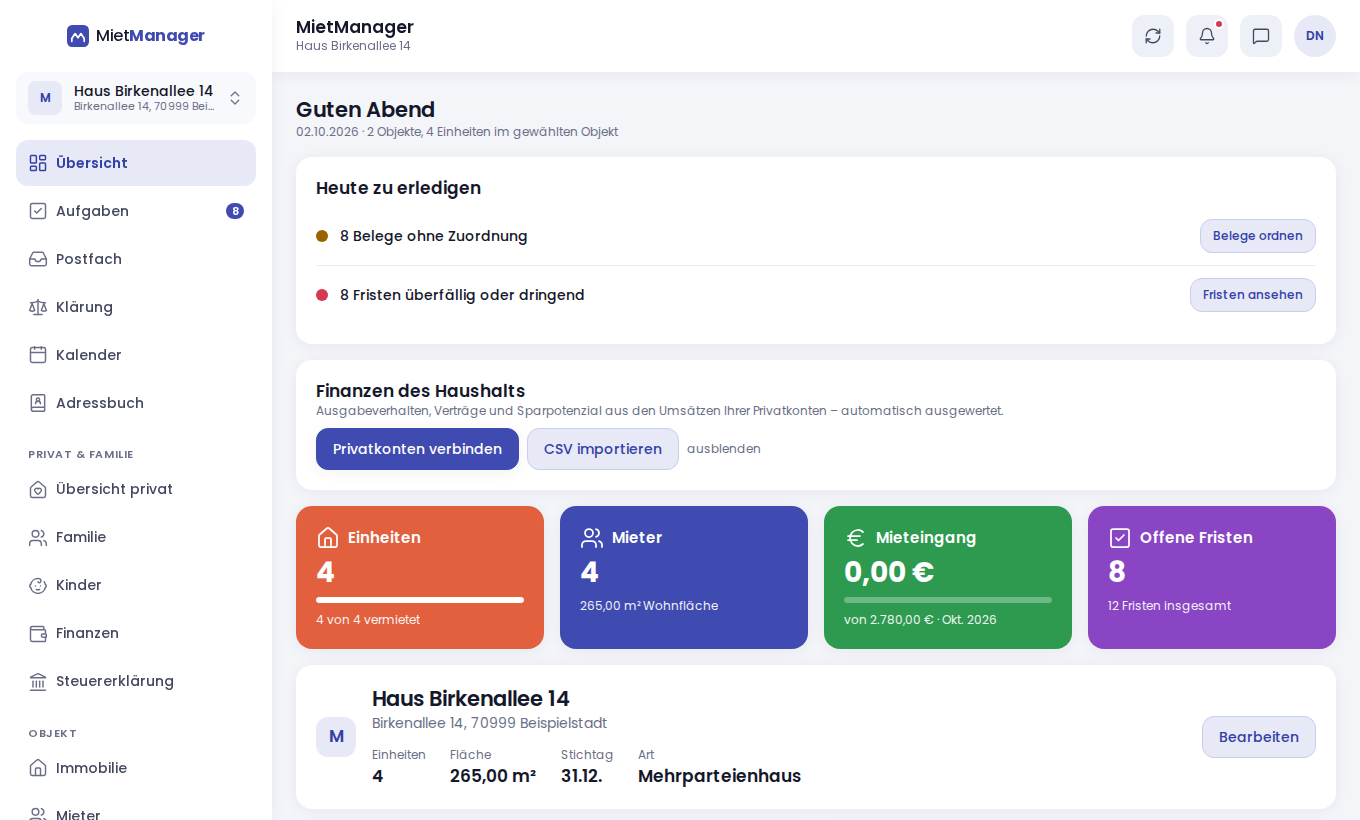 MietManager, Übersicht (Beispieldaten)