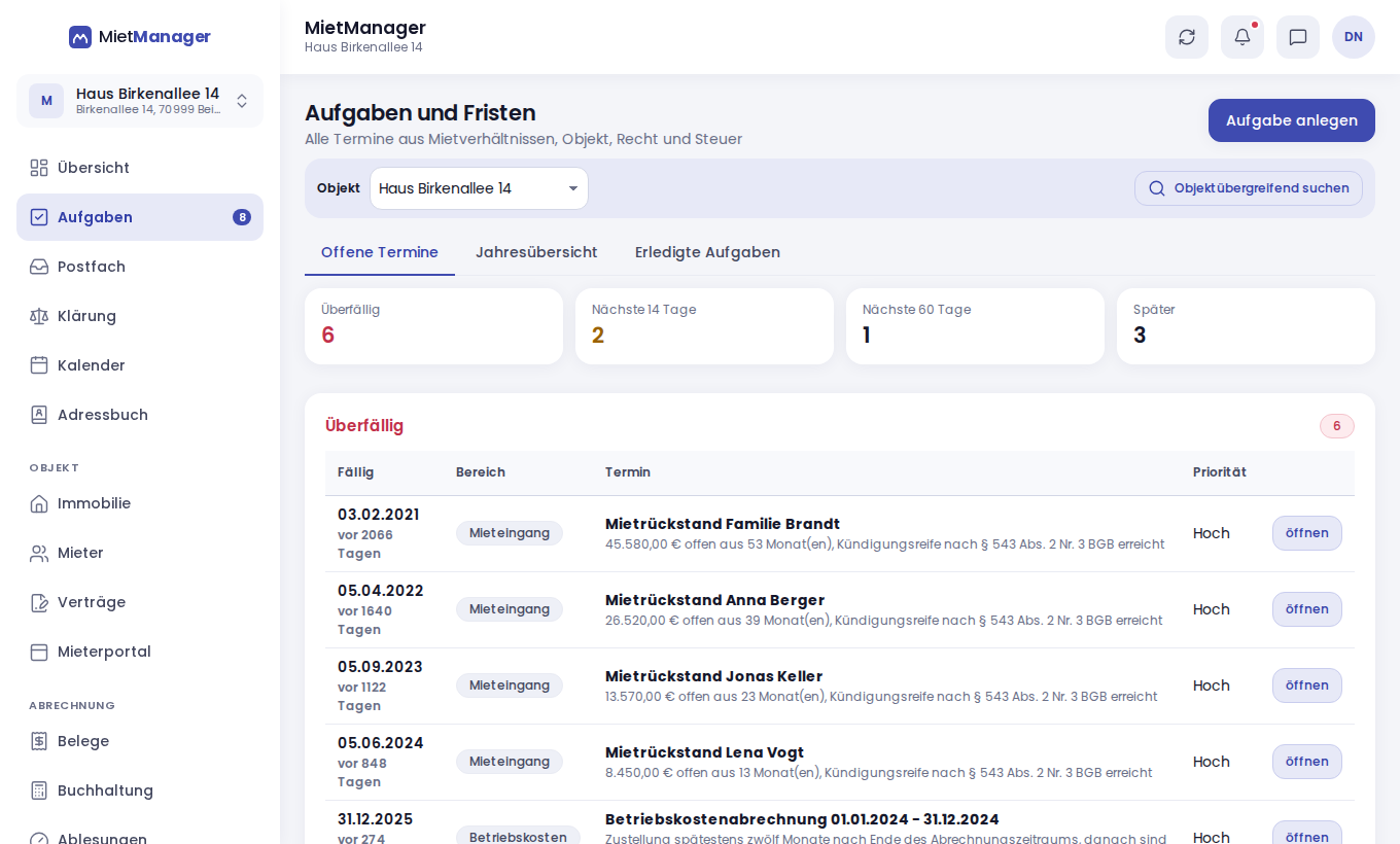 MietManager, Ansicht Fristen (Beispieldaten)