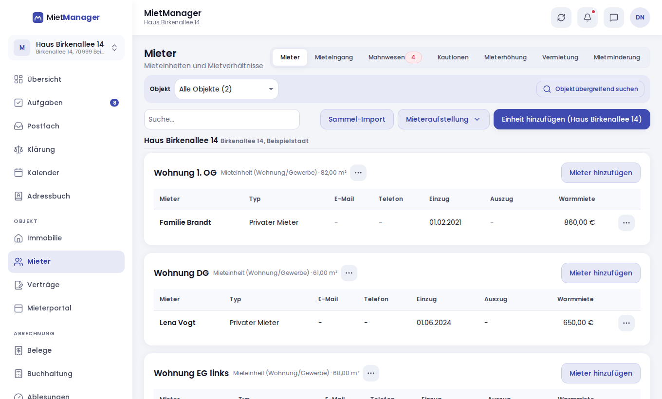 MietManager, Ansicht Mieter (Beispieldaten)